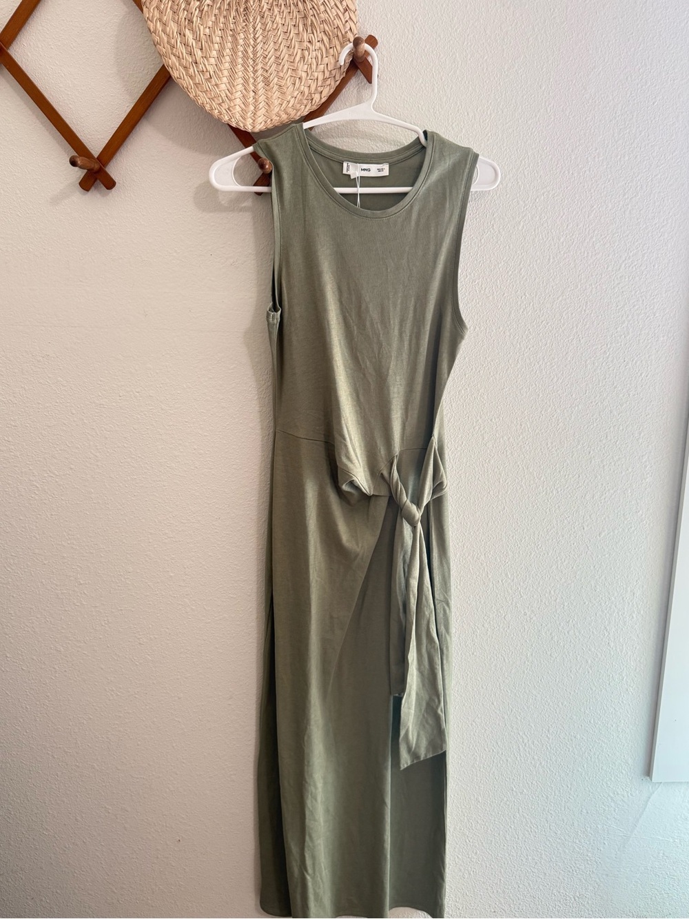 Mango Olive Green Sleeveless Tie-Waist Maxi Dress